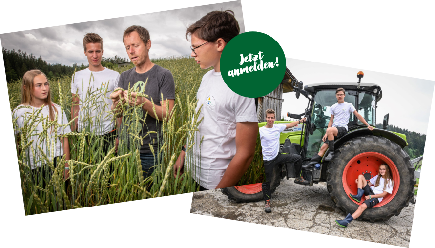 Zwei Bilder - eines mit Schülern und einem Lehrer im Weizenfeld, das andere mit Schülern mit einem Traktor - darüber ein Sticker mit der Aufschrift "Jetzt anmelden"